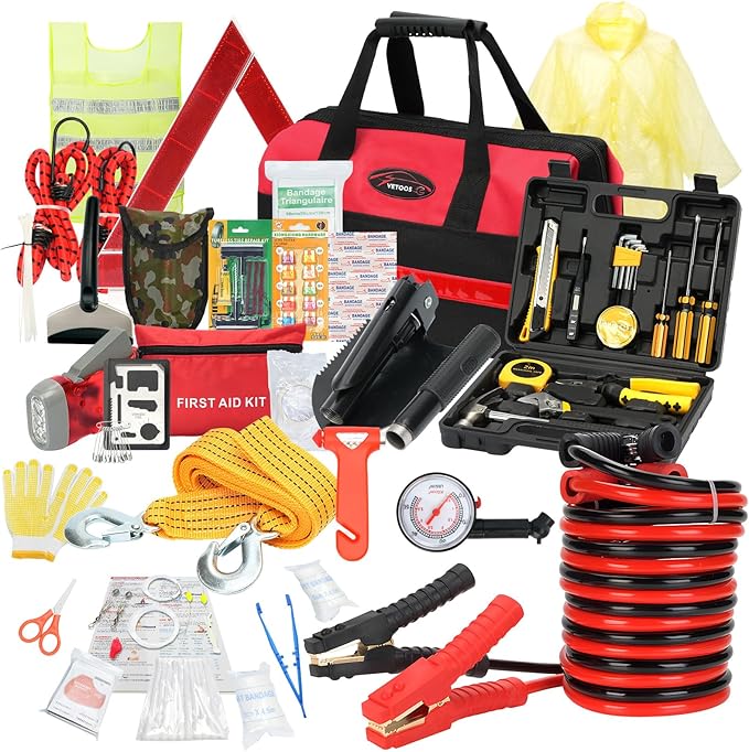 Vetoos Car Roadside Emergency Kit with Jumper Cables, Auto Road Side Safety Kit for Vehicles - with Premium Carry Bag, Repair