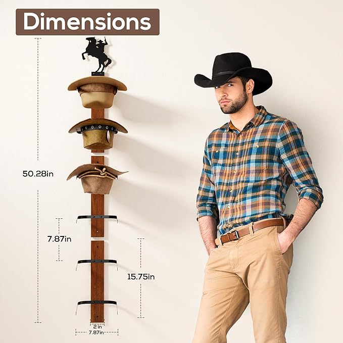 Cowboy Hat Rack for Wall – 3-Piece Wooden & Metal Western Hat Holder, Rustic Rider Sign Decor, Holds up to 6 Hats, Wall Mount