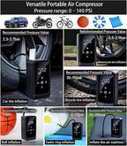 Tire Inflator Portable Air Compressor, Dual-Power (12V DC - Rechargeable) Digital Display Air Compressor, Tire Air Pump, with LED Work Light, for Car Tires, SUV, Motorcycle, Bicycle and Balls
