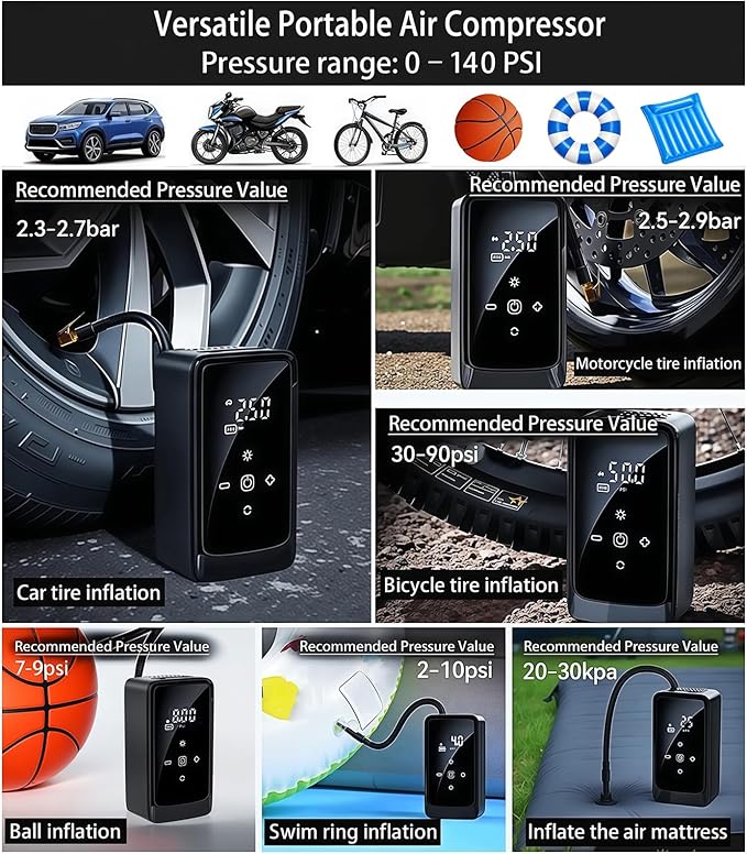 Tire Inflator Portable Air Compressor, Dual-Power (12V DC - Rechargeable) Digital Display Air Compressor, Tire Air Pump, with LED Work Light, for Car Tires, SUV, Motorcycle, Bicycle and Balls