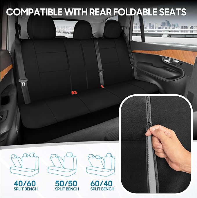BDK PolyPro Car Seat Covers Full Set in Solid Black, Front and Rear Split Bench Seat Covers for Cars, Easy to Install Car Sea