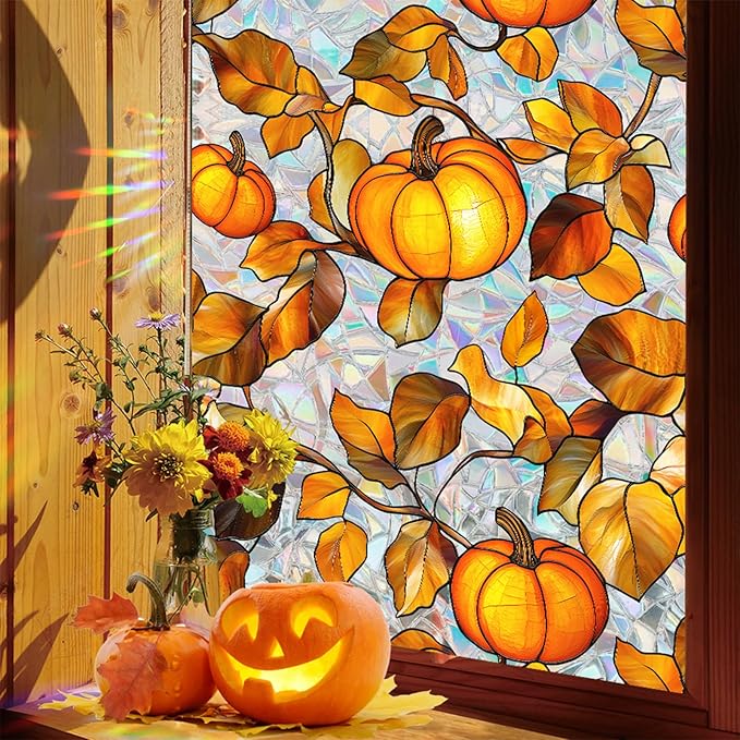 Niviy Pumpkin Thanksgiving Halloween Fall Window Clings, Stained Glass Window Film for Windows Autumn Clings Autumn Home Office Decorations for Indoor Outdoor (16.93 x 39.37inch)