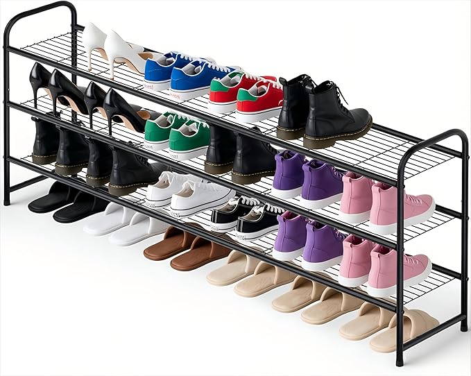 Ekisemio 3-Tier Long Metal Shoe Rack, Wide Stackable Shoe Organizer for Closet & Entryway, with Sturdy Wire Grid Storage Shel