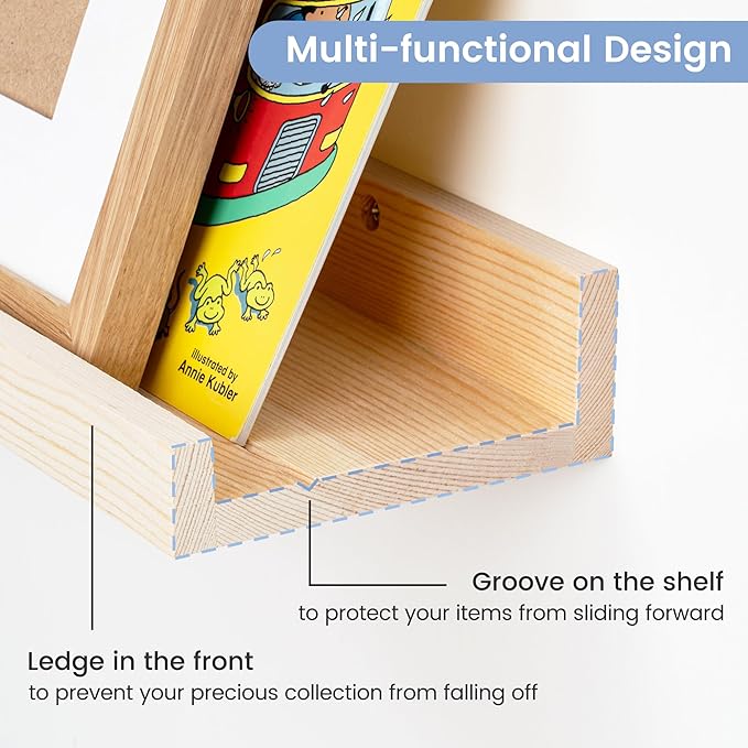 Picture Ledge Shelf for Wall, 24 inches Solid Pine Wood Nursery Book Shelves 3 Packs, Floating Ledge Shelves for Kids' Room B