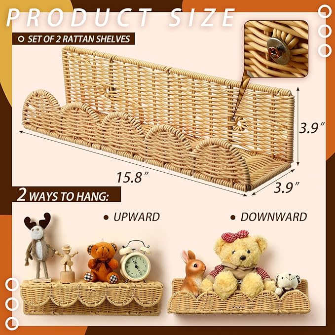 Pinkunn 4 Pcs Nursery Book Shelves 15.8 Inch Rattan Scalloped Floating Bookshelves Wicker Boho Book Shelf for Wall Mounted De