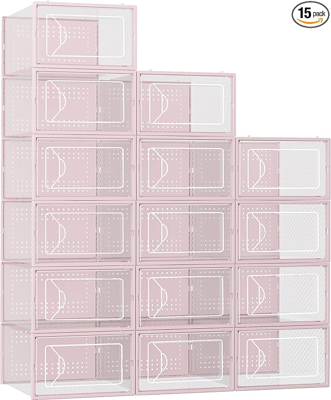 Foluck Shoe Storage Box, 15 Pack Clear Plastic Stackable Shoe Organizer for Closet, Interlocking Design Shoe Container Bins f