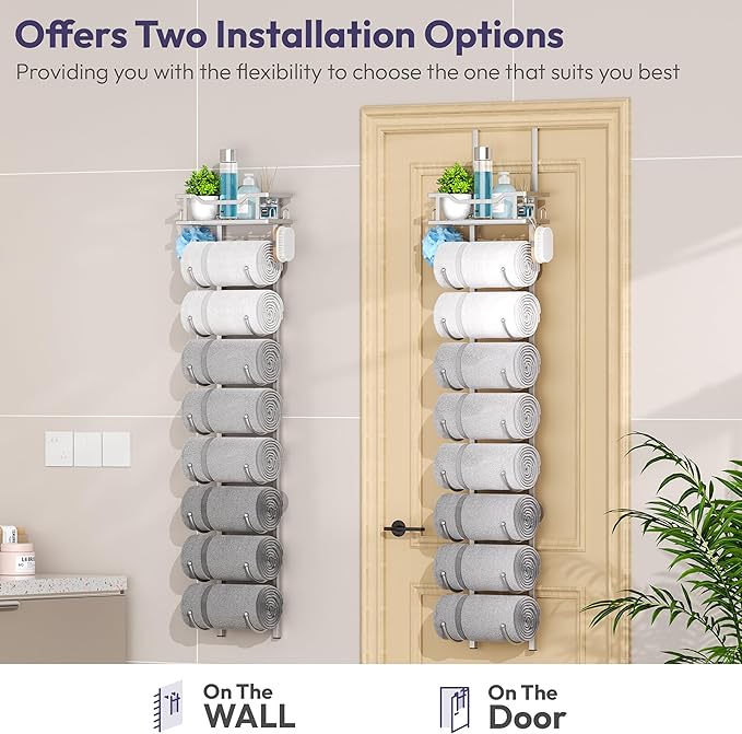 SWTYMIKI Over The Door Towel Rack - 9 Tier Towel Racks for Bathroom Wall Mounted, Towel Holder with Shelf, Hanging Rolled Tow