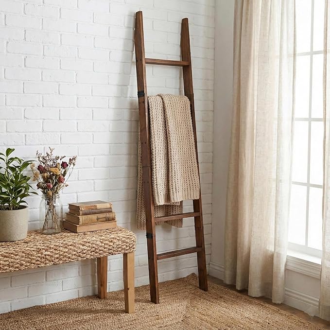 Blanket Ladder for Living Room 6-Tier, Wooden Decorative Quilt Holder for Bed Room, Wall-Leaning Towel Rack for Bathroom, Dec