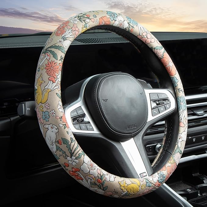 White Rabbit Mushroom Steering Wheel Cover Auto Jacquard Steering Wheel Protector, Anti-Slip, Breathable, Absorbing Sweat, Un