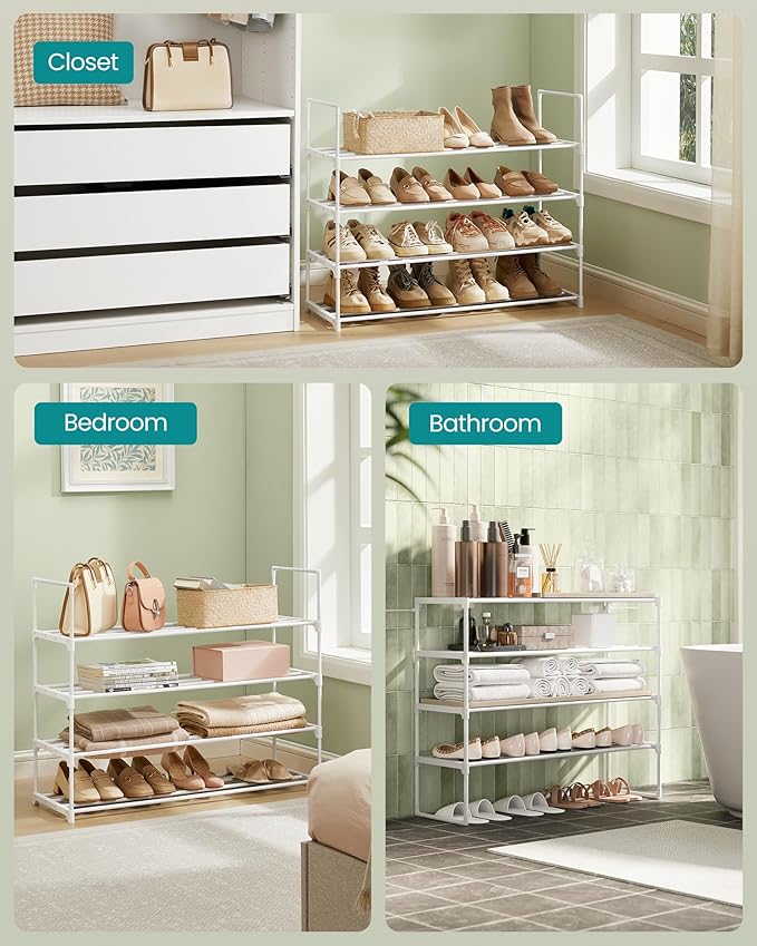 SONGMICS Shoe Rack, 4-Tier Shoe Organizer, Metal Storage Shelf, Upright or Upside Down, for 20-25 Pairs, Stackable, for Entry