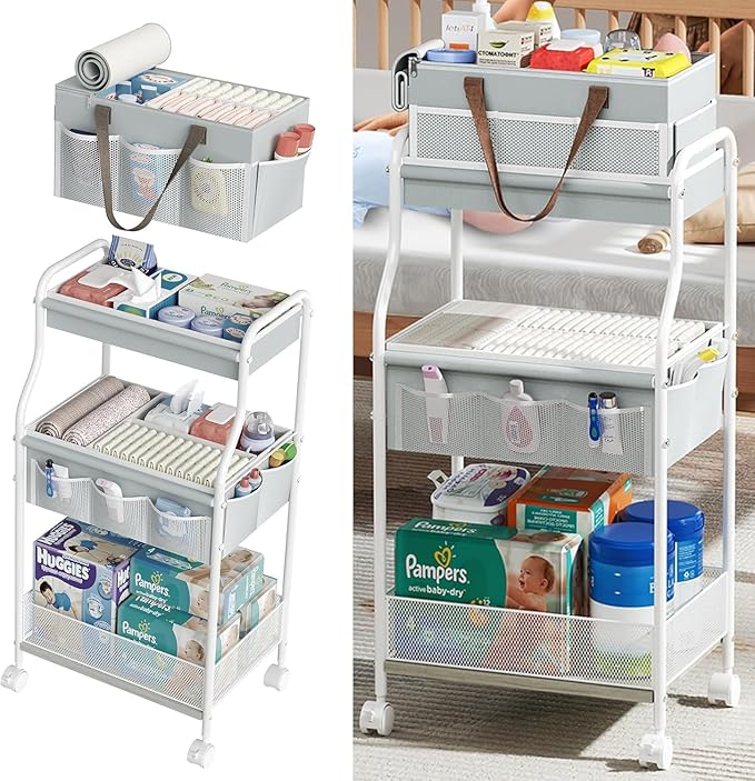 2In1 Baby Diaper Caddy & 3-Tier Rolling Diaper Cart, Diaper Caddy Organizer Cart with Dividers & 12 Pockets, Nursery Bedside 