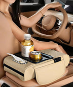 Car Armrest Storage Box,Car Accessories Console Organizers and Storage,Universal Waterproof Leather Console Cover with Cup Holder and Phone Holder,Suitable for Most Cars (Embroidered, Beige)