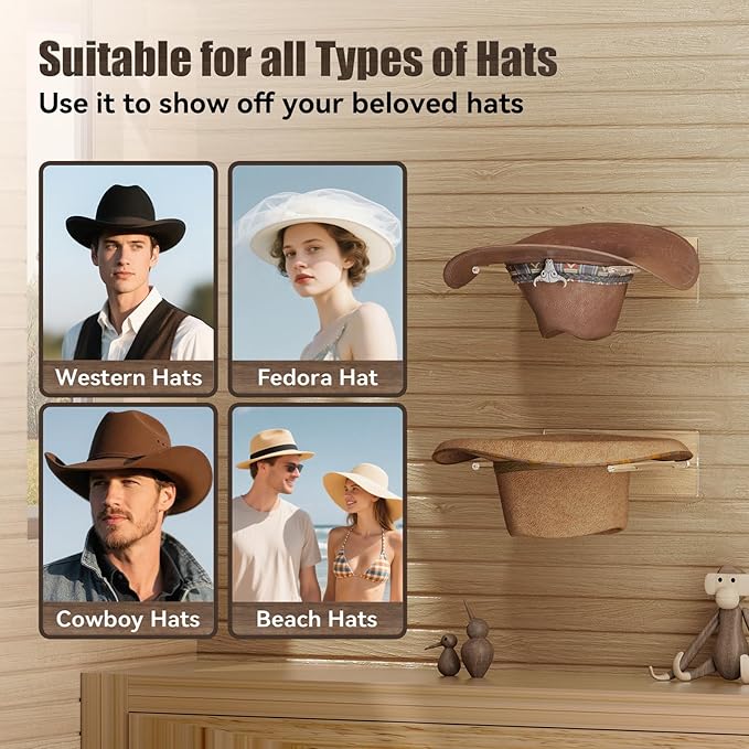 YUNEASELF Cowboy Hat Rack for Wall: 2 Pack Acrylic Hat Holder Organizer - Western Rustic Wall Mounted Hat Hanger Stand for Co