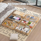 Bamboo Underbed Storage Containers with Wheels & Bag 2 Pack, Large Under Bed Rolling Storage Bins Wood Under Bed Clothes Stor