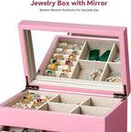 Meangood Jewelry Box Organizer for Women, 3 Layer Large Jewelry Storage Case, Rustic Wooden Jewelry Box with Mirror & Ring Tr