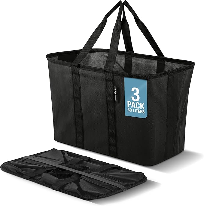 CleverMade EcoBasket 30L Collapsible Tote Basket 3 Pack – Reusable Grocery Tote That Stands Upright, Foldable Shopping Basket