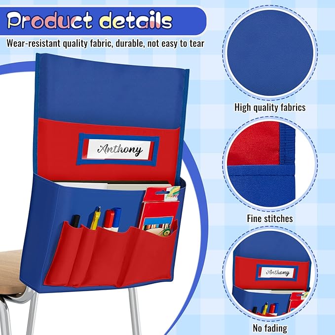 Lewtemi 2 Pcs Desk Chair Seat Back Organizer with 5 Pockets Chair Pockets for Classrooms School Seat Chair Storage Pocket Chart with Name Label Slot for Home Office, 18 x 19 Inch(Red, Yellow)