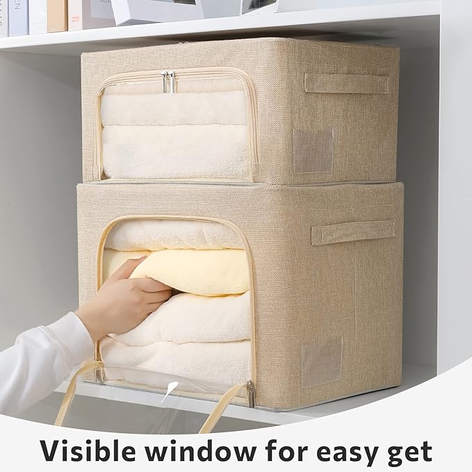 FHSQX 2 Pack Clear Window Storage Bins Foldable Fabric Storage Bins Boxes for Clothes Stackable Box Organizer Set with Carryi