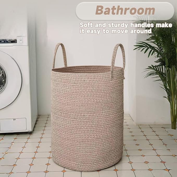 JMvicyroam Large Woven Laundry Basket Hamper,80L Cotton Rope Storage Bin for Blankets,Toys and Clothes,Decorative Tall Nurser