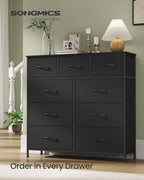 SONGMICS Dresser for Bedroom, Chest of Drawers, Steel, MDF, 9 Non-Woven Fabric Drawers, Storage Organizer Unit, Closet, Entry
