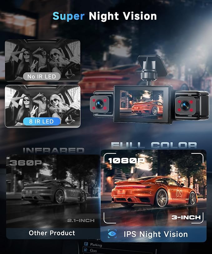 360° Dash Cam Front and Rear Inside Left Right, 4 Channel FHD 1080P Dash Cam for Cars, 3 Inch IPS Dashcams with Night Vision,