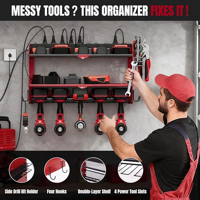 Modular Power Tool Organizer Wall Mount with Charging Station, 3-Layer Heavy Duty Drill Holder Rack & 8-Outlet Power Strip fo