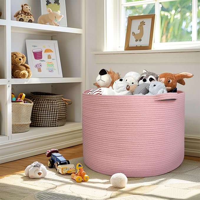MEGASKET 115L Oversized Pink Basket, 23.6"x15.7" Woven Cotton Rope Bin with Handles, XXXL Blanket Storage for Living Room, Ki