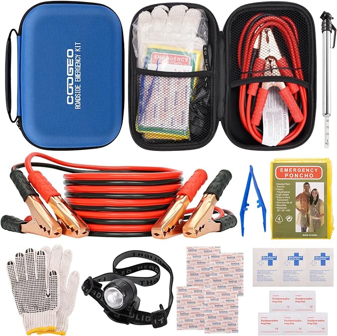 Car Roadside Emergency Kit with Battery Jumper Cables,Car Accessories for Men or Women,Automotive Safety Kit for Car,Vehicle,