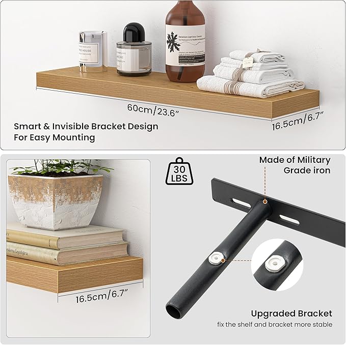 Heimlove 24 Inch Floating Shelves for Wall,Mounted Storage Wood Shelves with Invisible Brackets Hanging Shelf for Bedroom,Liv