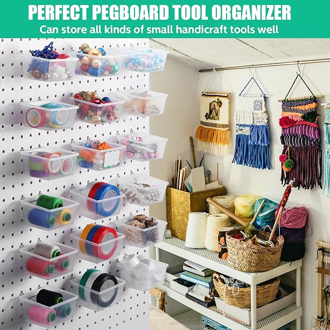 Unittype 24 Set Clear Peg Board Baskets and Bins Pegboard Baskets Organizer Accessories Peg Board Bins with Hooks Sticker Lab