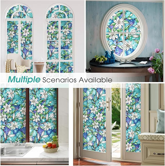 Coavas Decorative Window Privacy Film, Heat Control Sun Blocking Stained Glass Window Film, Floral Design Static Cling, Non Adhesive Windows Tint for Bathroom Front Door(Vinyl, 29.5" x 78.7 ")