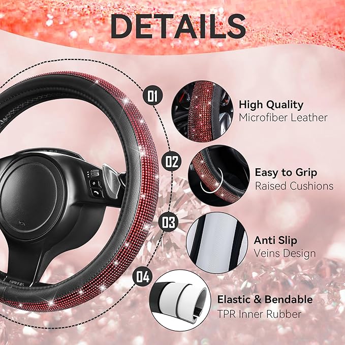 CAR PASS 30 PCS Bling Diamond Car Accessories Set for Women, Bling Steering Wheel Covers 15 Inch, Shining Rhinestone License Plate Frame, Sparkly Phone Holder, Cute Interior Set Decorations, Red