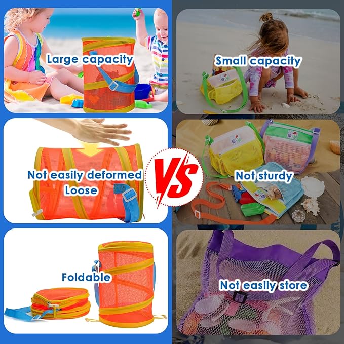 2Pcs Foldable Toy Storage Bag, Large Capacity Sea Shell Bags for Beach (10.5L/2.77Gallon), Portable Toy Storage Bag with Zipp