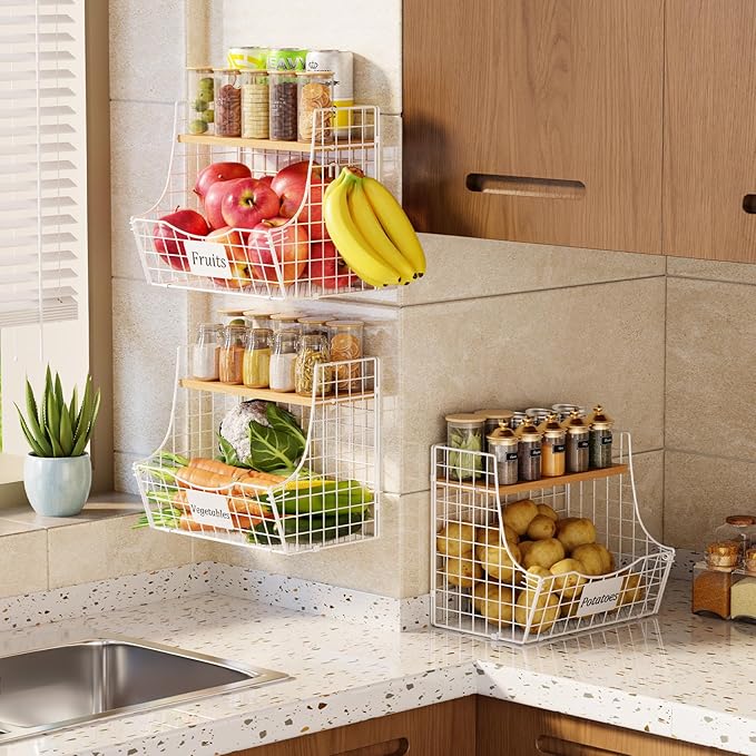 3 Pack Hanging Fruit Basket for Kitchen with Wood Lid - Onion and Potato Storage Fruit Bowl with Nameplate for Counter&Wall M