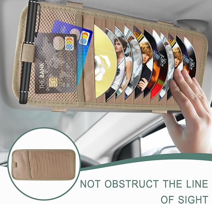 Sun Visor CD Holder, 12-Capacity Car Visor Organizer with DVD Sleeves and Mesh Pocket, Universal Visor Storage for Vehicle CD Case and Pen Holder Ergonomic Design (Khaki 1 Pcs)
