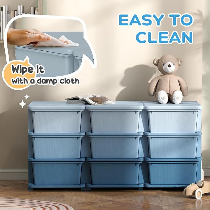 Qaba 3 Tier Kids Storage Unit, Toy Organizers and Storage with 9 Drawer Chest for Kids Bedroom Nursery Kindergarten Living Ro