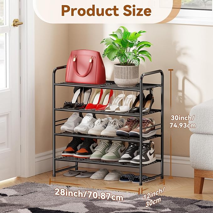 Shoe Rack 4 Tier, Closet Metal Shoe Organizer Shelf for Entryway Heavy Duty, Stackable, Black