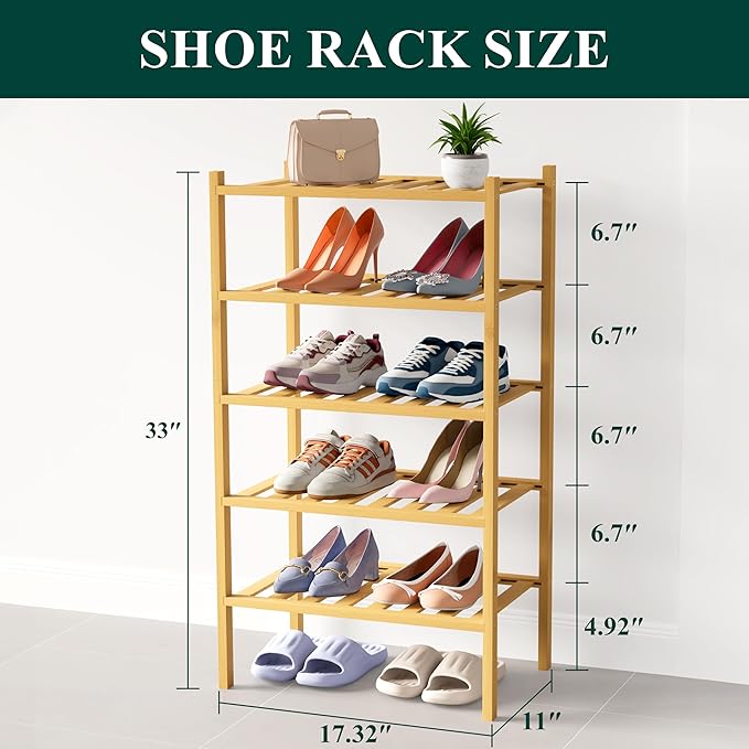 Smiry Bamboo Shoe Rack for Closet, 5 Tier Small Wooden Stackable Shoe Organizer, Free Standing Shoes Storage Shelf for Entryw