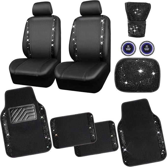 CAR PASS Bling Diamonds Car Seat Covers Front Seats Black Leather Shining Rhinestone Car Floor Mats Carpet with Anti-Slip Nib