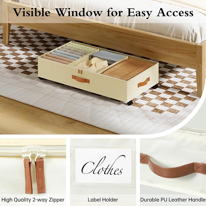 Yecaye Under Bed Storage with Wheels, 4 Pack Under Bed Storage Containers with Adjustable Dividers & Clear Window, Rolling Un