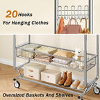 Gewudraw Heavy Duty Clothes Rack with Metal Basket, 1060 LBS Rolling Double Rod Garment Rack, Portable Extendable Clothing Ra
