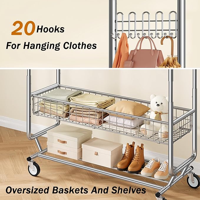 Gewudraw Heavy Duty Clothes Rack with Metal Basket, 1060 LBS Rolling Double Rod Garment Rack, Portable Extendable Clothing Ra