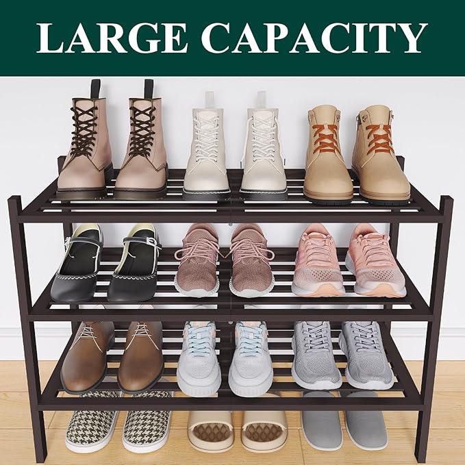 Smiry Bamboo Shoe Rack 3-Tier, Stackable Wooden Shoe Organizer for Entryway & Closet, Free Standing Wood Shoe Storage Shelf f