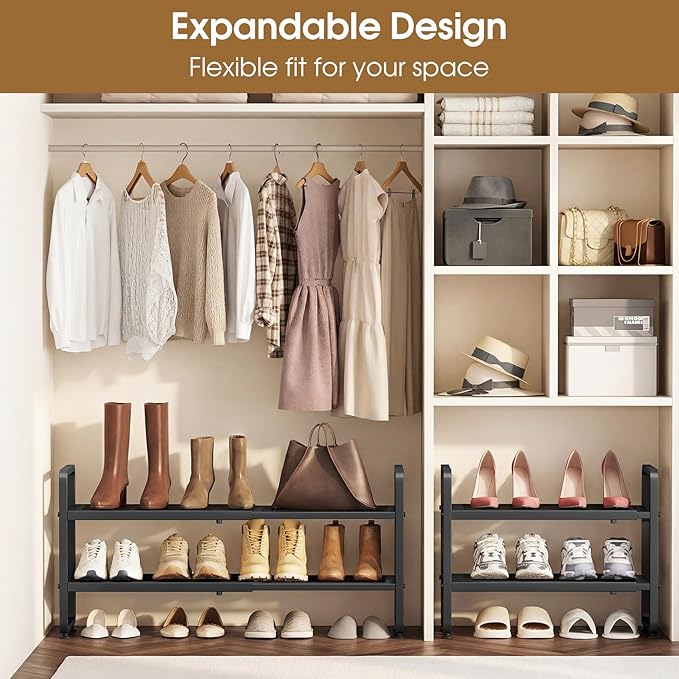 SAYZH Expandable Shoe Rack for Closet, Adjustable Metal Shoe Organizer with Sturdy Mesh Shelves for Boots & Heels, Stackable 
