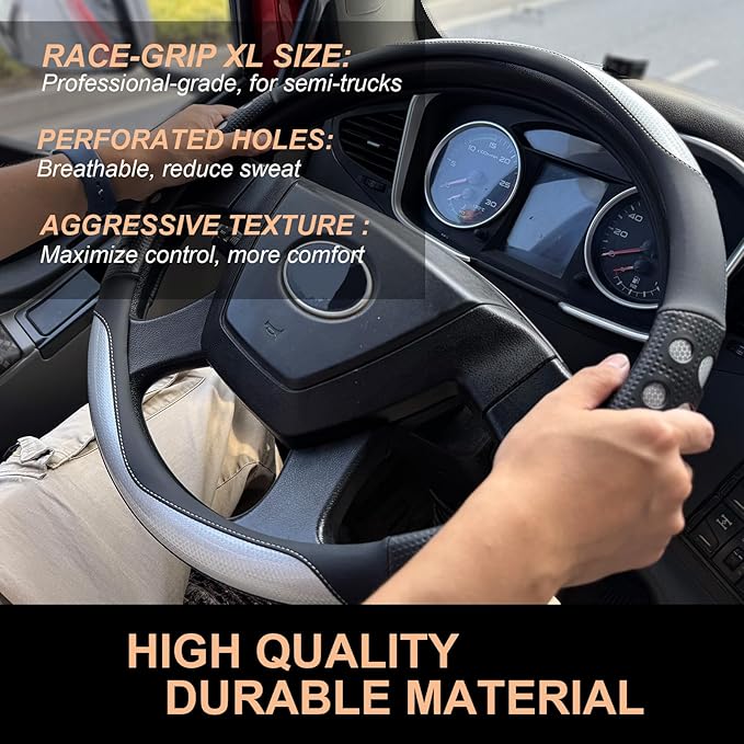 PINCTROT XL Size 17.5-18 in Race Grip Steering Wheel Cover for Semi Truck, Fits RV, Big Rig Trucker, 18 Wheeler and Classic Cars, Anti-Slip Silicone Perforated Design 17.5-18 Inch (Racing Silver)