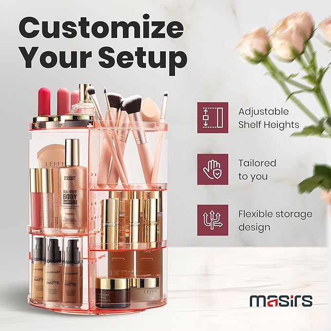 Masirs Rotating Makeup Organizer for Vanity, Large 360° Spinning Cosmetic & Skincare Organizer, Adjustable Shelf Height, Perf