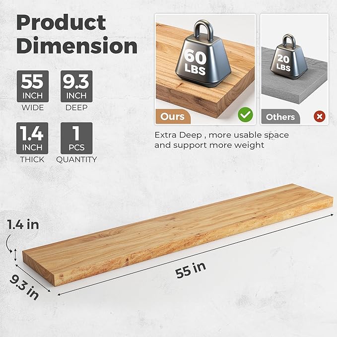 RICHFOCUS Elm Floating Shelves for Wall - 55" W x 9.3" D Rustic Solid Wood Shelves with Invisible Bracket, Wall-Mounted for L