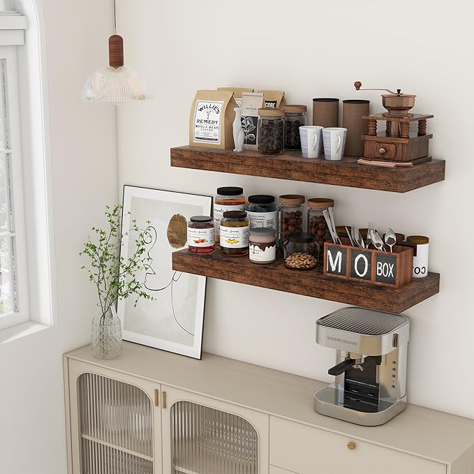 Deep Floating Shelves | 36 Inch Brown Floating Shelves Set of 2 | 12 Inch Deep Rustic Wood Shelves for Wall | 36" W x 12" D B