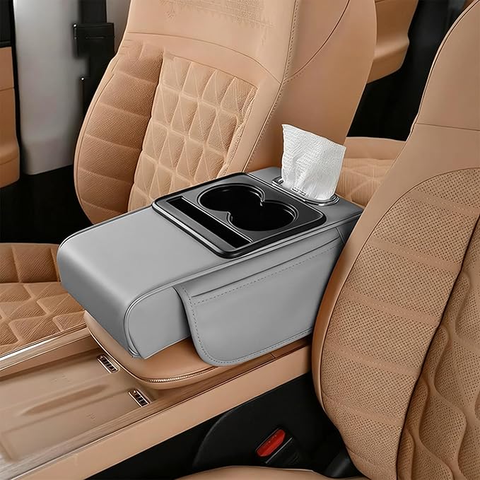 Car Armrest Storage Box,Car Accessories Console Organizers and Storage,Universal Waterproof Leather Console Cover with Cup Holder and Phone Holder,Suitable for Most Cars (Normal, Gray)