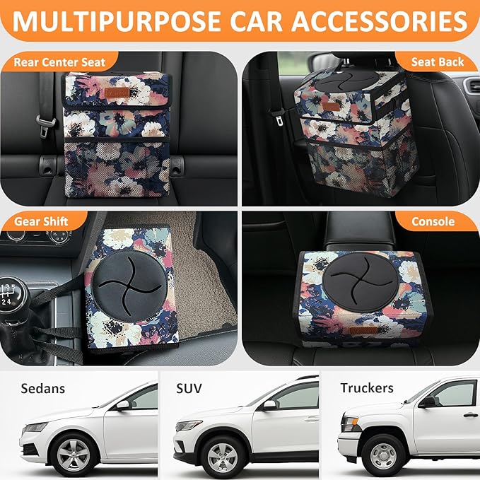 Car Trash Can for Car Cute, Trash Bag Bin Hanging Waterproof Automotive Garbage Cans Leak Proof Vehicle Trash Can Painting Floral
